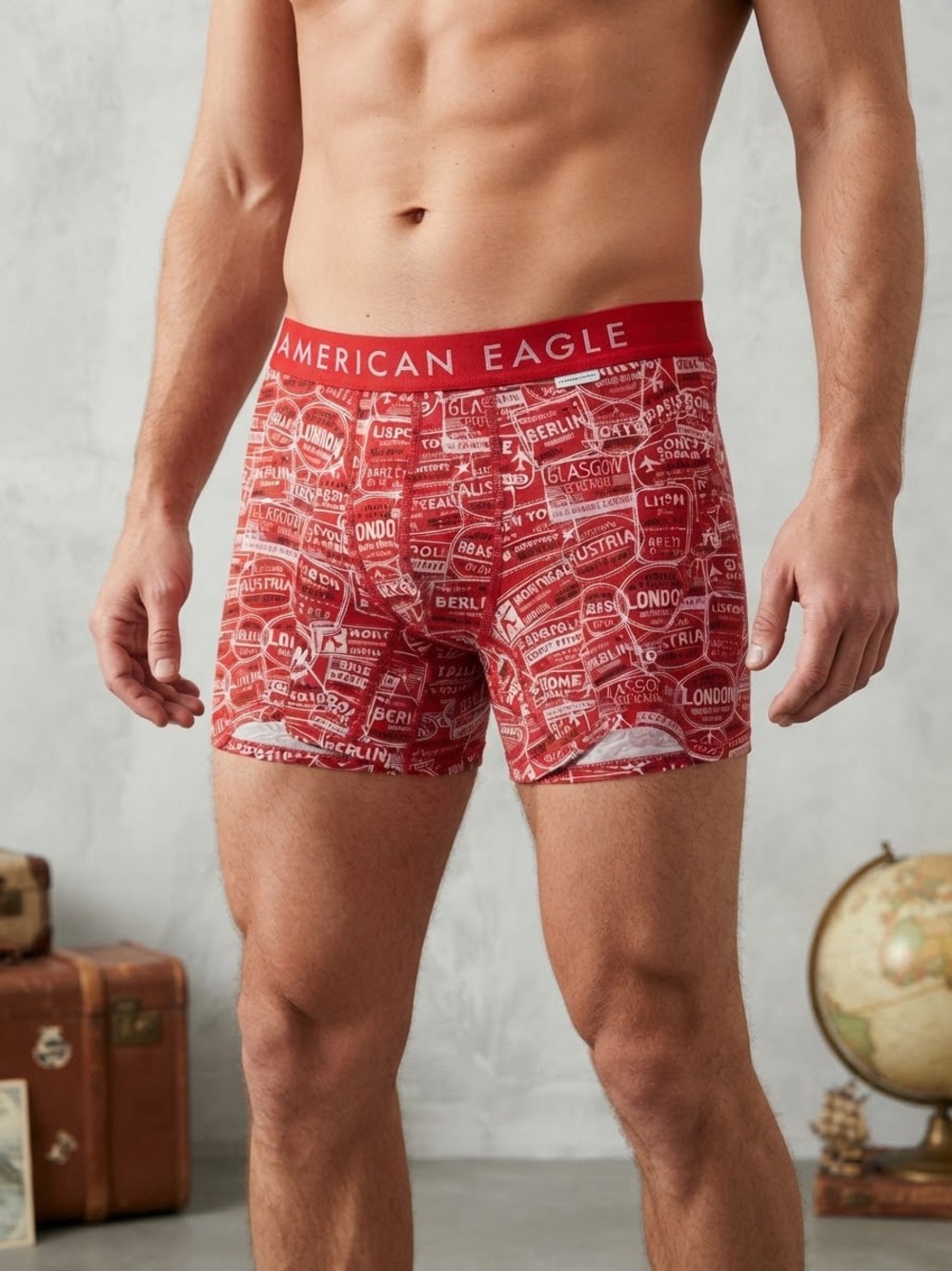 American Eagle Outfitters Red Travel-Print Men's Boxer Briefs